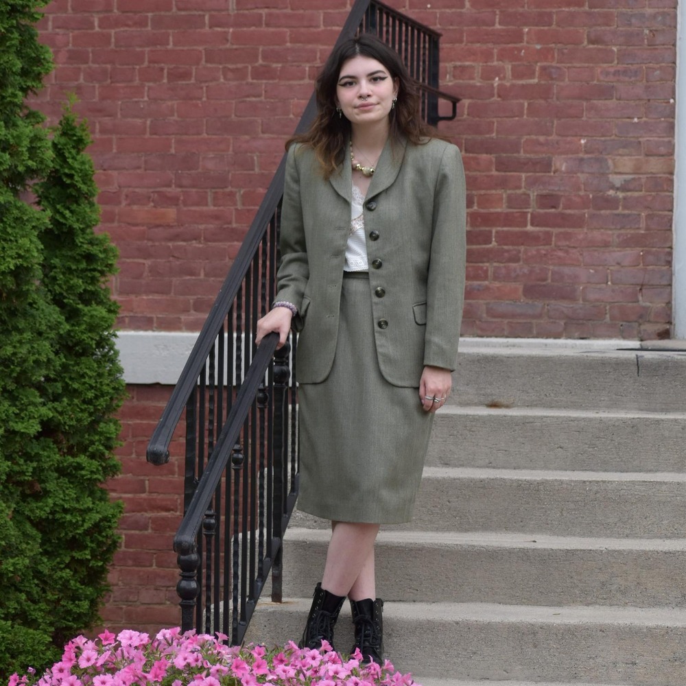 Vintage 90s Jacobson's Herringbone Skirt‎ Suit Olive Green Size 8 Office Classic